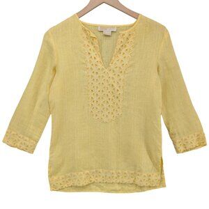 Michael Kors Blouse Womens Yellow 3/4 Sleeve V Neck Lightweight Cotton Top Sz XS